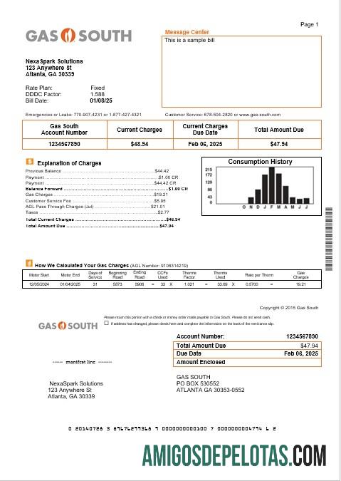 Para baixar modelo de conta de serviços públicos de negócios da Gas South dos EUA, Nova York, em formatos Word e PDF